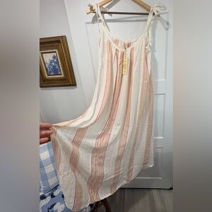 NWT Elan Cream & Rose-Stripe Maxi Dress w/Tie Shoulder Straps & Side Pockets